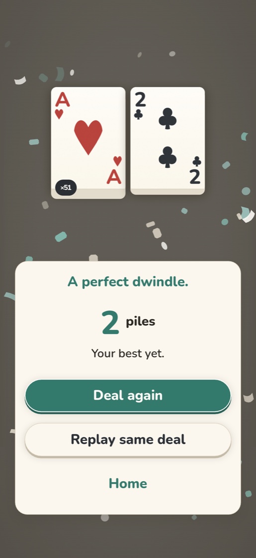 The end of a game: the line has come to rest at two piles, a win.